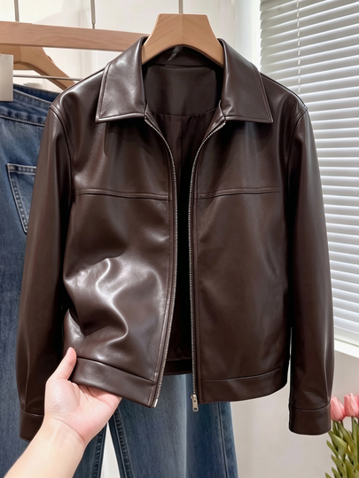 GlowEve CURVE Plus-Size Women's Autumn-Winter Fashion Casual Commuter Versatile Brown PU Jacket Coat.