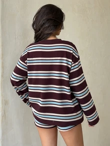 SHEIN Glamour Women's Casual Burgundy Striped Top And Drawstring Shorts Two Pieces Set Loungewear, Sportswear Two Pieces Set - Coffee Brown - View 2