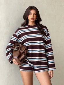 SHEIN Glamour Women's Casual Burgundy Striped Top And Drawstring Shorts Two Pieces Set Loungewear, Sportswear Two Pieces Set - Coffee Brown - View 1