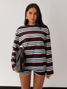 SHEIN Glamour Women's Casual Burgundy Striped Top And Drawstring Shorts Two Pieces Set Loungewear, Sportswear Two Pieces Set - Coffee Brown - View 5
