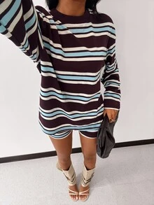 SHEIN Glamour Women's Casual Burgundy Striped Top And Drawstring Shorts Two Pieces Set Loungewear, Sportswear Two Pieces Set - Coffee Brown - View 6