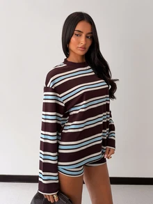 SHEIN Glamour Women's Casual Burgundy Striped Top And Drawstring Shorts Two Pieces Set Loungewear, Sportswear Two Pieces Set - Coffee Brown - View 7