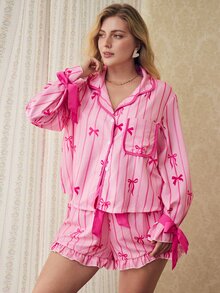 Elorette Sweet Cute Ins Bowknot Striped Print Lapel Open Front Contrast Binding Bowknot Design Plus Size Women's Pajama Set - Multicolor - View 7