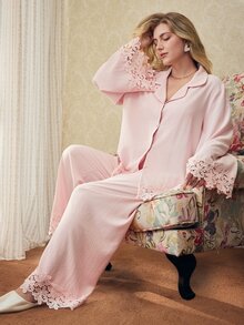 Elorette Plus Size Elegant Open Front Bubble Crinkle Pajama Set - Pink - View 7