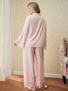 Elorette Plus Size Elegant Open Front Bubble Crinkle Pajama Set - Pink - View 2