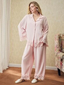 Elorette Plus Size Elegant Open Front Bubble Crinkle Pajama Set - Pink - View 4