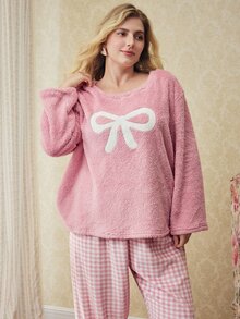Elorette 2pcs Plus Size Women Winter Fleece Bow Embroidered Long Sleeve Top And Plaid Pants Pajama Set, Fluffy Cozy - Dusty Pink - View 3