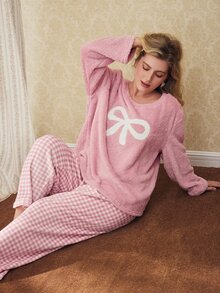 Elorette 2pcs Plus Size Women Winter Fleece Bow Embroidered Long Sleeve Top And Plaid Pants Pajama Set, Fluffy Cozy - Dusty Pink - View 6