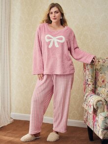 Elorette 2pcs Plus Size Women Winter Fleece Bow Embroidered Long Sleeve Top And Plaid Pants Pajama Set, Fluffy Cozy - Dusty Pink - View 4