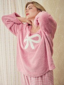 Elorette 2pcs Plus Size Women Winter Fleece Bow Embroidered Long Sleeve Top And Plaid Pants Pajama Set, Fluffy Cozy - Dusty Pink - View 5