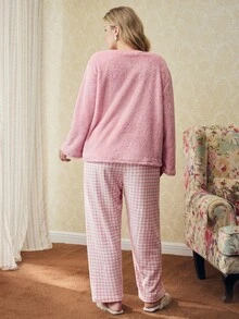 Elorette 2pcs Plus Size Women Winter Fleece Bow Embroidered Long Sleeve Top And Plaid Pants Pajama Set, Fluffy Cozy - Dusty Pink - View 2