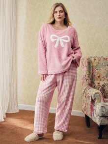 Elorette 2pcs Plus Size Women Winter Fleece Bow Embroidered Long Sleeve Top And Plaid Pants Pajama Set, Fluffy Cozy - Dusty Pink - View 1