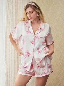 Elorette Sweet Cute Bow Print Contrast Color Button Front Lapel Plus Size Women Pajama Set Lounge White Summer - White - View 1