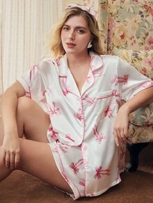 Elorette Sweet Cute Bow Print Contrast Color Button Front Lapel Plus Size Women Pajama Set Lounge White Summer - White - View 7