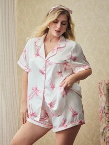 Elorette Sweet Cute Bow Print Contrast Color Button Front Lapel Plus Size Women Pajama Set Lounge White Summer - White - View 4