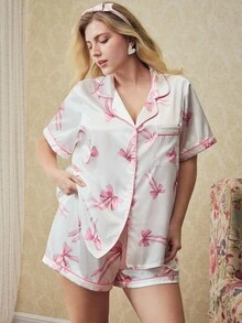 Elorette Sweet Cute Bow Print Contrast Color Button Front Lapel Plus Size Women Pajama Set Lounge White Summer - White - View 5