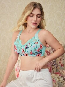 Elorette 1pc Plus Size Lace Patchwork Wireless Bra - Multicolor - View 6