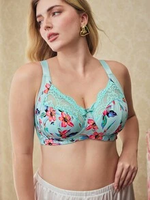 Elorette 1pc Plus Size Lace Patchwork Wireless Bra - Multicolor - View 3