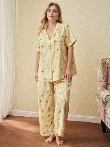 Elorette 檸檬條紋印花翻領前開鈕扣短袖長褲大尺碼睡衣套裝 - 黃色 - 查看 5