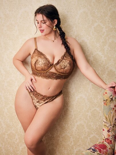 Elorette 2pcs Plus Size Women Black Embroidery Lingerie Set, Hollow Out Sheer Thin Long Boned Transparent Lingerie Boobless Hollow Out Brown Lace Bra