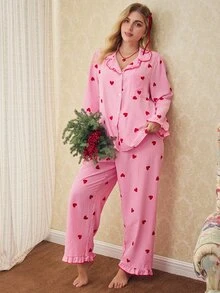 Elorette Plus Size Women Mushroom Collar Striped Heart Print Pajama Set, Fall & Winter Clothes - Multicolor - View 5