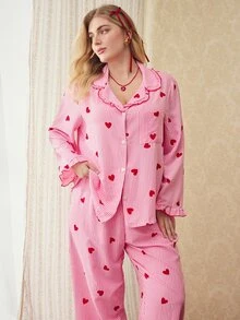 Elorette Plus Size Women Mushroom Collar Striped Heart Print Pajama Set, Fall & Winter Clothes - Multicolor - View 4