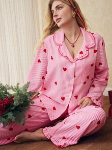 Elorette Plus Size Women Mushroom Collar Striped Heart Print Pajama Set, Fall & Winter Clothes - Multicolor - View 7