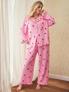 Elorette Plus Size Women Mushroom Collar Striped Heart Print Pajama Set, Fall & Winter Clothes - Multicolor - View 1