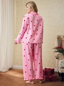 Elorette Plus Size Women Mushroom Collar Striped Heart Print Pajama Set, Fall & Winter Clothes - Multicolor - View 2