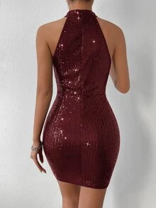 SHEIN Allurite 吊带亮片紧身连衣裙，适合新年节日派对服装，酒红色女装 - 酒紅色 - 查看 3