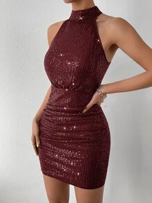 SHEIN Allurite 吊带亮片紧身连衣裙，适合新年节日派对服装，酒红色女装 - 酒紅色 - 查看 5
