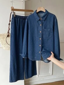 SHEIN EZwear 女款單排扣長袖上衣與長褲休閒日常牛仔套裝 - 中等水洗藍 - 查看 5