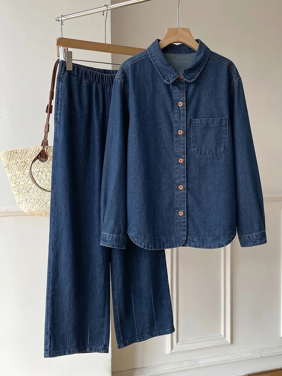 SHEIN EZwear 女款單排扣長袖上衣與長褲休閒日常牛仔套裝