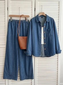 SHEIN EZwear 女款單排扣長袖上衣與長褲休閒日常牛仔套裝 - 中等水洗藍 - 查看 4