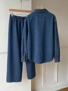 SHEIN EZwear 女款單排扣長袖上衣與長褲休閒日常牛仔套裝 - 中等水洗藍 - 查看 3