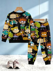 Nick 90s | SHEIN 男嬰 2 件套，Rugrats 全身印花圓領運動衫與收口長褲，休閒長袖兒童運動套裝，適合春季秋季日常穿著與外出 - 黑色 - 查看 2