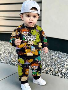 Nick 90s | SHEIN 男嬰 2 件套，Rugrats 全身印花圓領運動衫與收口長褲，休閒長袖兒童運動套裝，適合春季秋季日常穿著與外出 - 黑色 - 查看 5