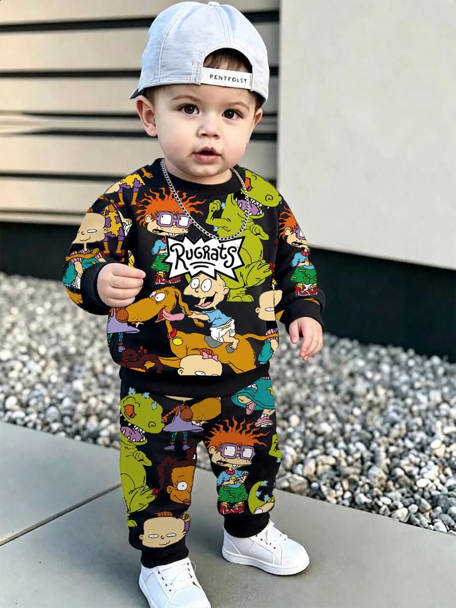 Nick 90s | SHEIN Baby Boy 2pcs Set, Rugrats All-Over Print Crew Neck Sweatshirt & Cuffed Long Pants, Casual Long Sleeve Kids Sports Outfit For Spring Autumn, Suitable For Daily Wear And Outings - Black - View 1
