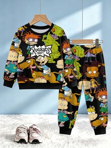 Nick 90s | SHEIN 男嬰 2 件套，Rugrats 全身印花圓領運動衫與收口長褲，休閒長袖兒童運動套裝，適合春季秋季日常穿著與外出 - 黑色 - 查看 1