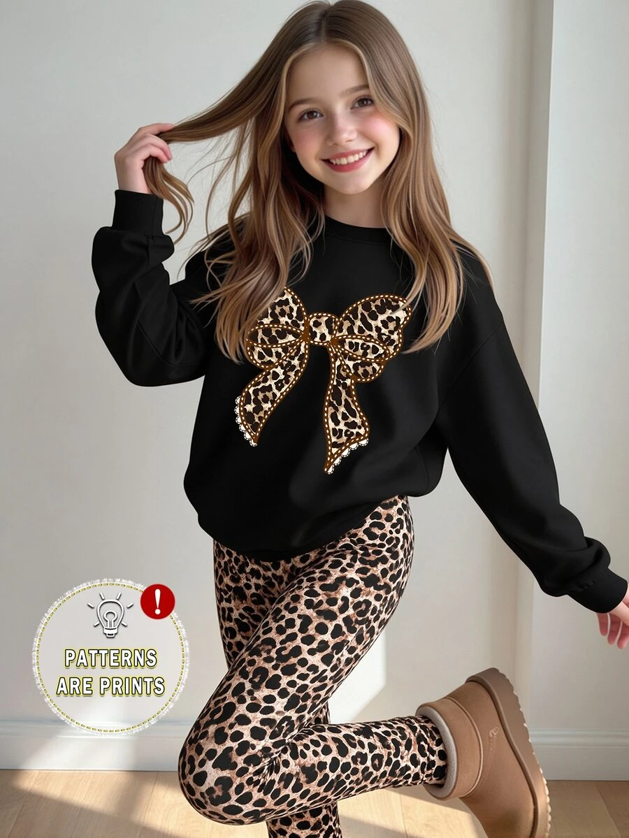 Tween Girls Leopard Print Bow Graphic Sweatshirt & Leggings Set, Black Brown (1 Set) Fall Winter - Multicolor - View 1
