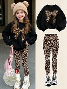 Tween Girls Leopard Print Bow Graphic Sweatshirt & Leggings Set, Black Brown (1 Set) Fall Winter - Multicolor - View 3