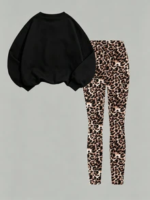 Tween Girls Leopard Print Bow Graphic Sweatshirt & Leggings Set, Black Brown (1 Set) Fall Winter - Multicolor - View 2
