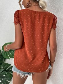 Trelyra Swiss Dot Guipure Lace Detail Contrast Embroidered Mesh Blouse - Rust Brown - View 2