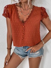 Trelyra Swiss Dot Guipure Lace Detail Contrast Embroidered Mesh Blouse - Rust Brown - View 7