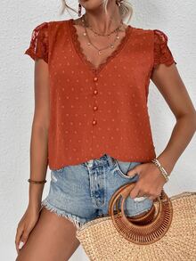 Trelyra Swiss Dot Guipure Lace Detail Contrast Embroidered Mesh Blouse - Rust Brown - View 4