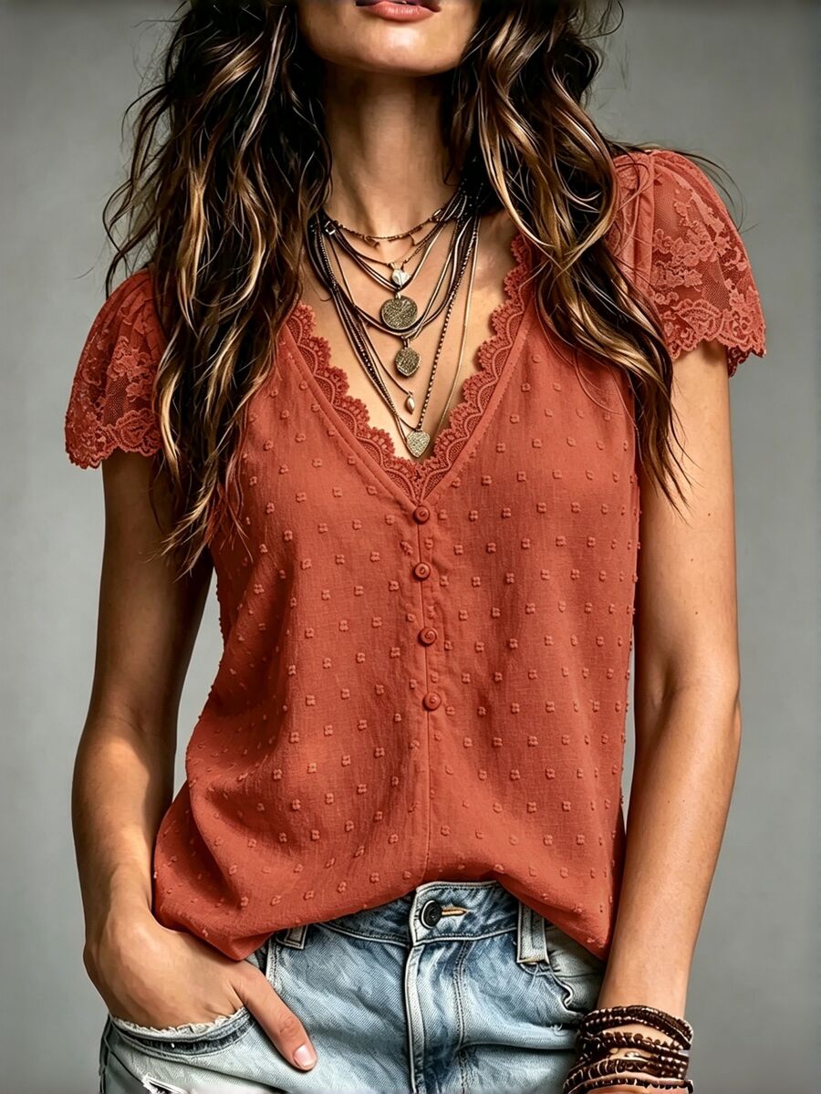 Trelyra Swiss Dot Guipure Lace Detail Contrast Embroidered Mesh Blouse - Rust Brown - View 1