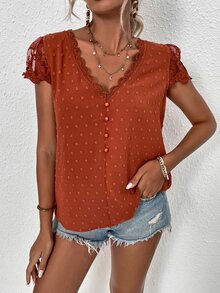 Trelyra Swiss Dot Guipure Lace Detail Contrast Embroidered Mesh Blouse - Rust Brown - View 6