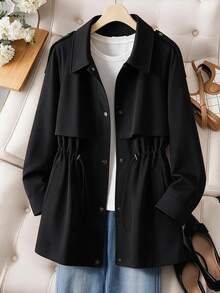GlowEve CURVE Plus Size Women's Best-Selling Elegant Solid Color Lapel Trench Coat, Slimming Minimalist Waist-Cinching Fit With Multi-Layer Multi-Functional Pocket Design, Suitable For Daily Wear, Commuting, Dating And Gatherings - Black - View 1