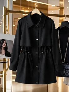 GlowEve CURVE Plus Size Women's Best-Selling Elegant Solid Color Lapel Trench Coat, Slimming Minimalist Waist-Cinching Fit With Multi-Layer Multi-Functional Pocket Design, Suitable For Daily Wear, Commuting, Dating And Gatherings - Black - View 6