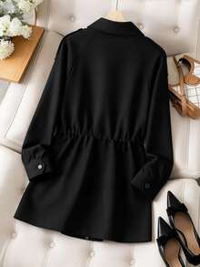 GlowEve CURVE Plus Size Women's Best-Selling Elegant Solid Color Lapel Trench Coat, Slimming Minimalist Waist-Cinching Fit With Multi-Layer Multi-Functional Pocket Design, Suitable For Daily Wear, Commuting, Dating And Gatherings - Black - View 2